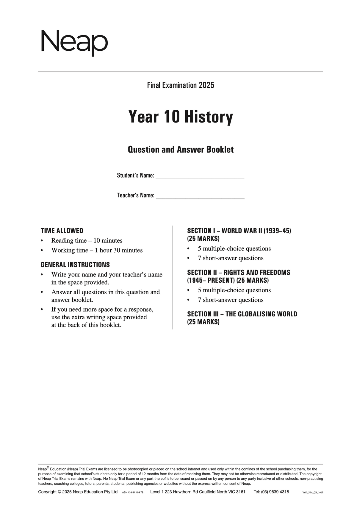 Year 10 History Trial Exam booklet by Neap, a Question and Answer Booklet for Final Examination 2025.