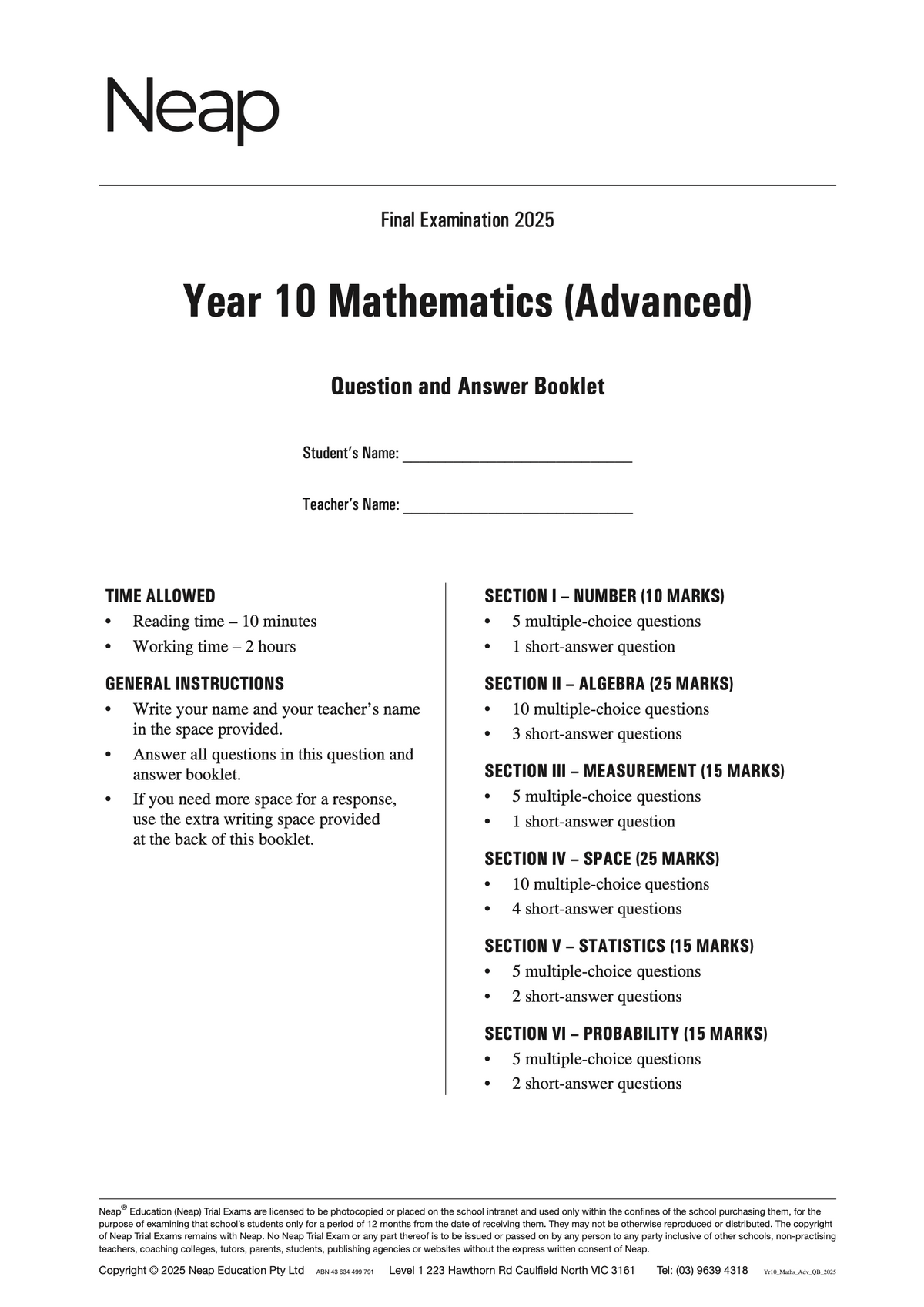 Year 10 Mathematics Trial Exam booklet by Neap, a white exam paper detailing 2025 advanced sections and instructions.