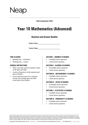 Year 10 Mathematics Trial Exam booklet by Neap, a white exam paper detailing 2025 advanced sections and instructions.