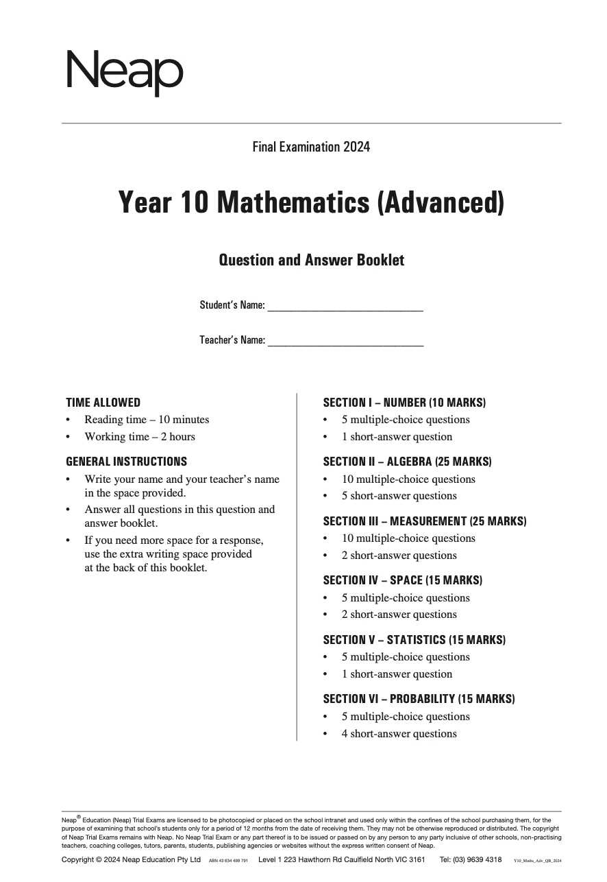 White trial exam booklet by Neap, showing "Final Examination 2024" and "Year 10 Mathematics (Advanced)" on the front cover.
