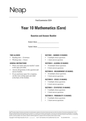 Year 10 Mathematics Core Examination Booklet by Neap, displaying its title page with instructions and section overview.