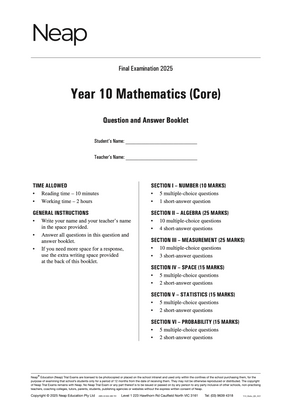 White Year 10 Mathematics trial exam booklet by Neap, featuring 'Final Examination 2025' title and black text.