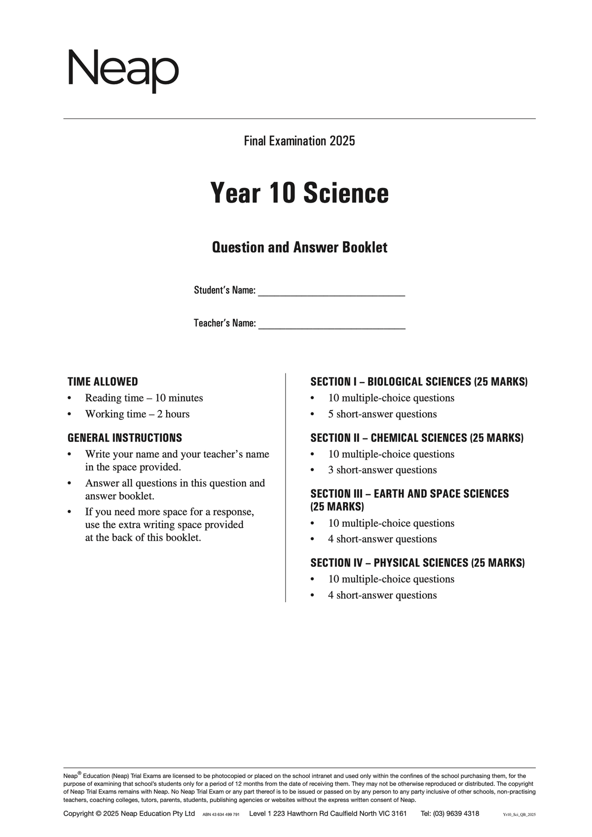 White Year 10 Science exam booklet by Neap, titled 'Final Examination 2025 Question and Answer Booklet'.
