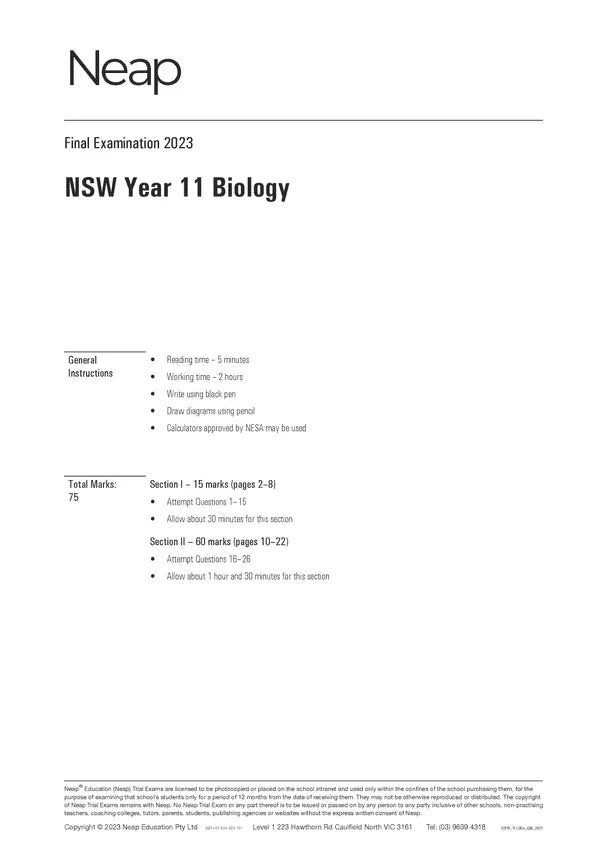 Trial exam paper by Neap, featuring NSW Year 11 Biology 2023 details and instructions.