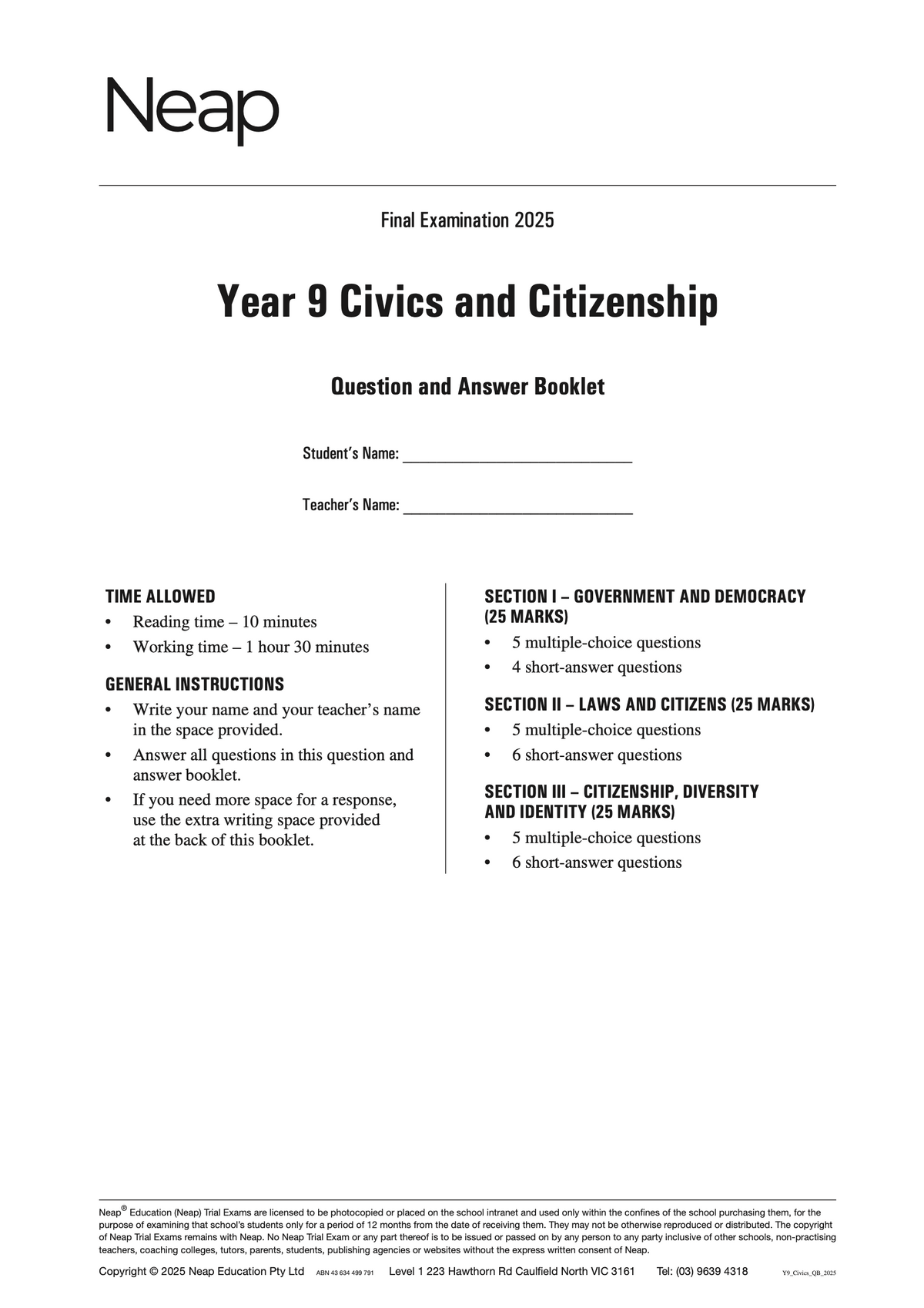 Year 9 Civics and Citizenship Trial Exam booklet by Neap with a white cover, black text, displaying the 2025 final examination title and instructions.