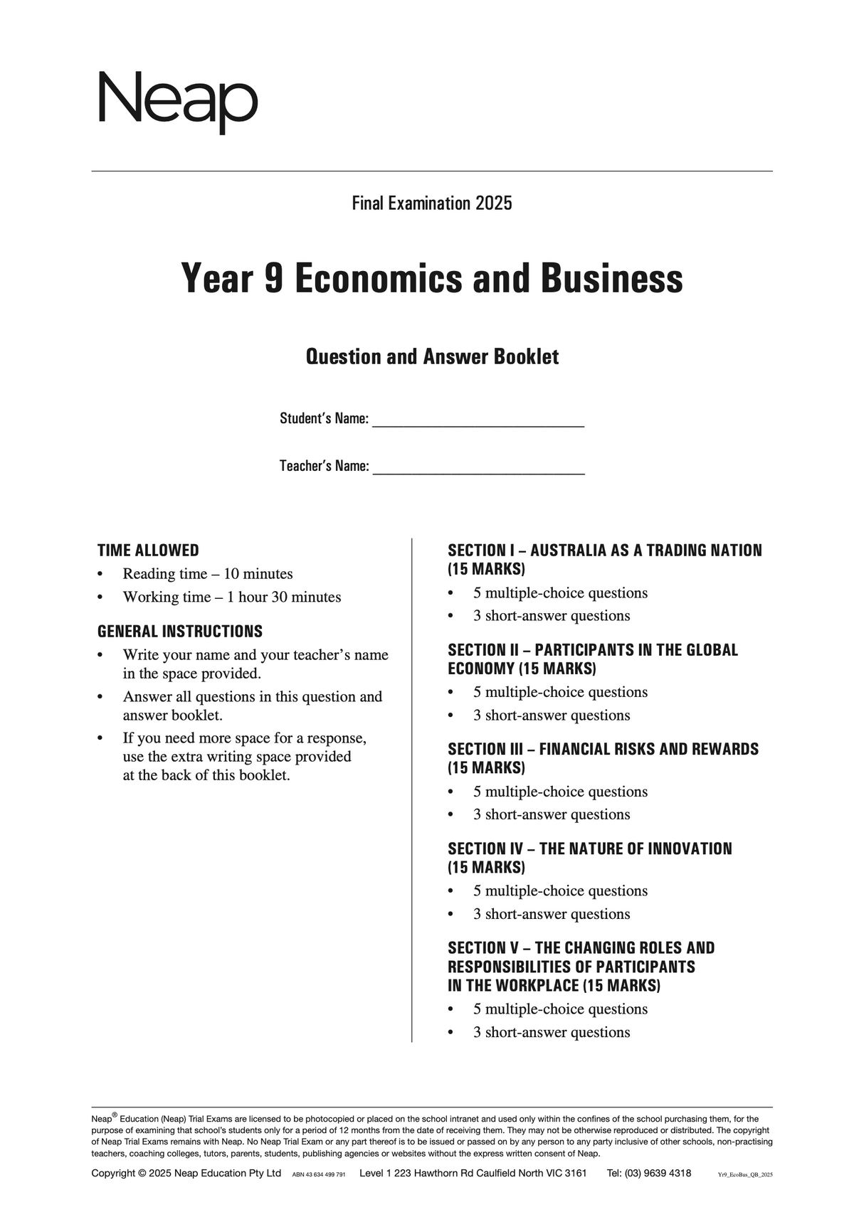 Year 9 Economics and Business Trial Exam Question and Answer Booklet by Neap Education, with 'Final Examination 2025' and exam sections listed on the cover.