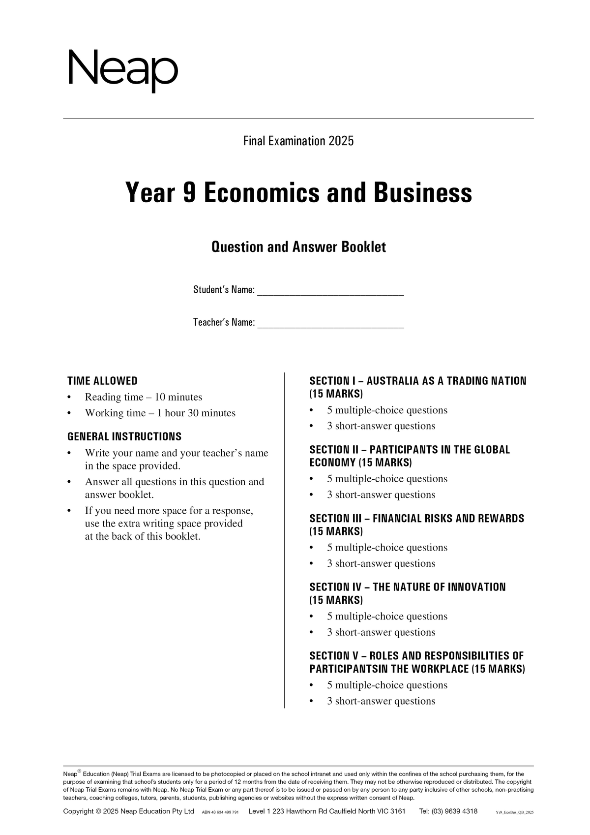 Year 9 Business and Economics Trial Exams