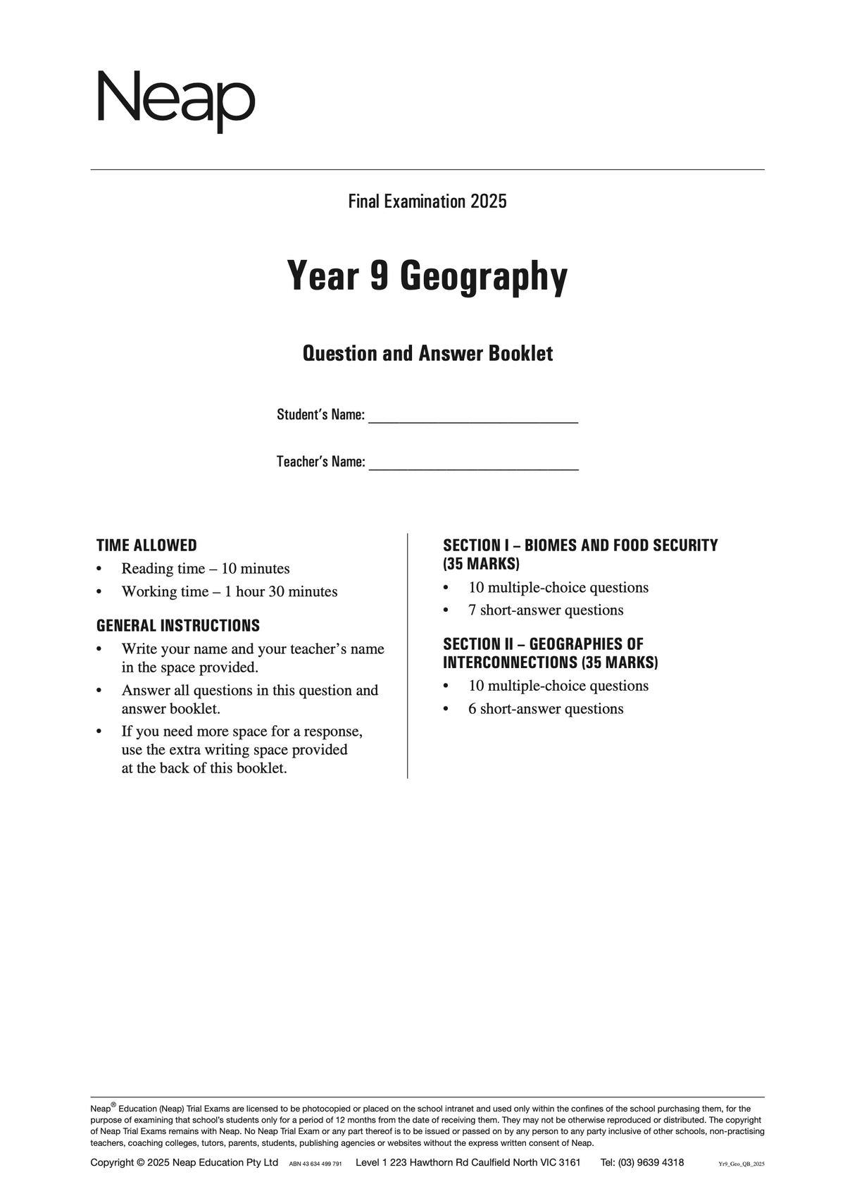 Year 9 Geography Final Examination 2025 Question and Answer Booklet by Neap, a white document cover with student fields and instructions.