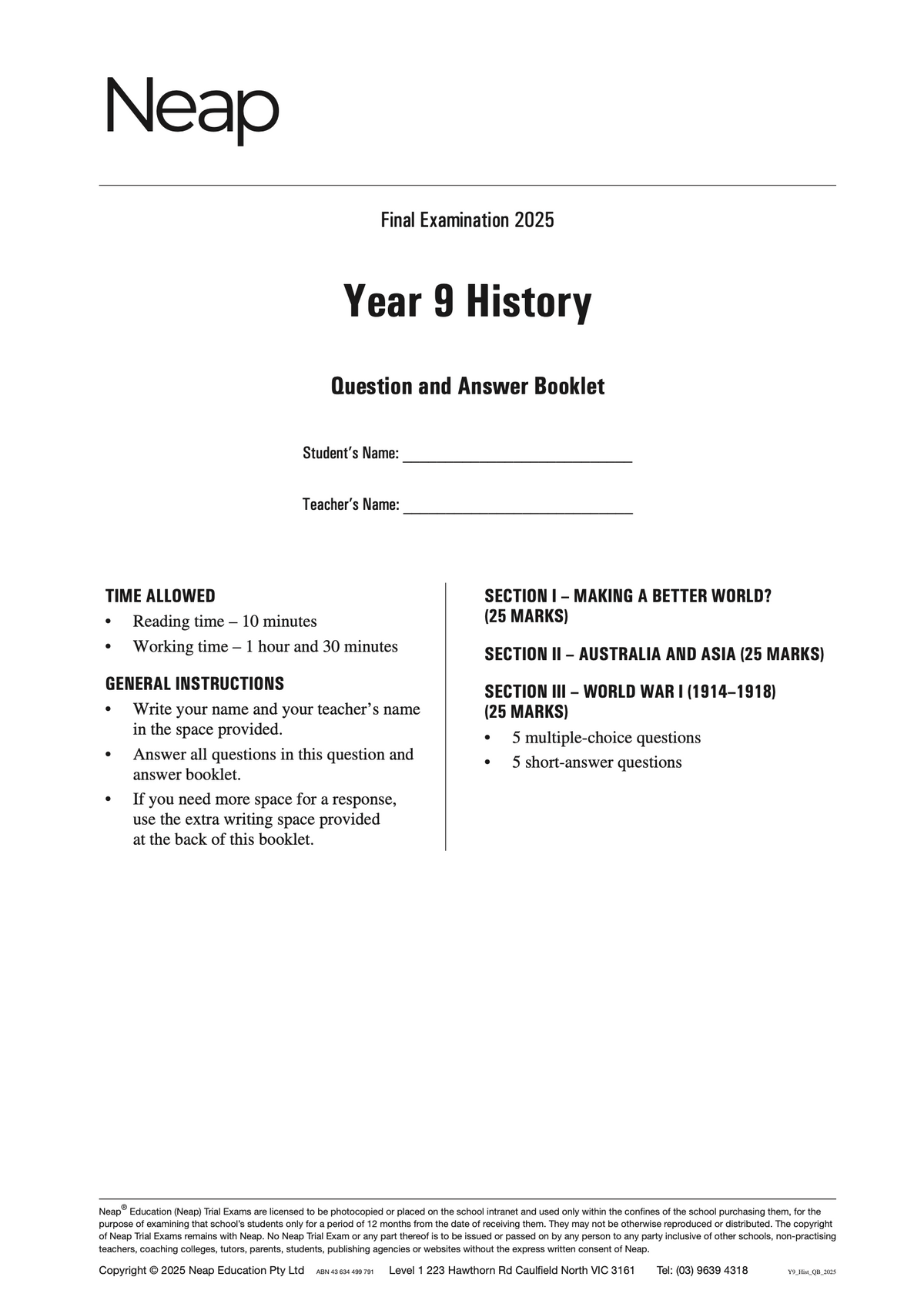 Year 9 History Trial Exams question and answer booklet by Neap with black text on a white background, dated 2025.
