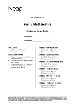 Year 9 Mathematics trial exam booklet by Neap, white cover with black text and logo.