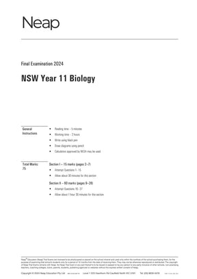 NSW Year 11 Biology trial exam paper by Neap, showing its cover page with instructions and marking breakdown.