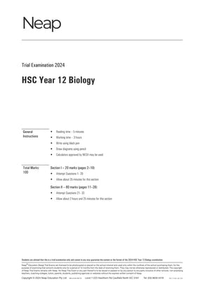 Year 12 Biology Trial Examination by Neap, featuring a white cover page with 'Trial Examination 2024' and detailed exam instructions.