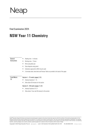 Practice exam paper by Neap, displaying its white front cover with the "Neap" logo, "Final Examination 2024 NSW Year 11 Chemistry" title, and instructions.