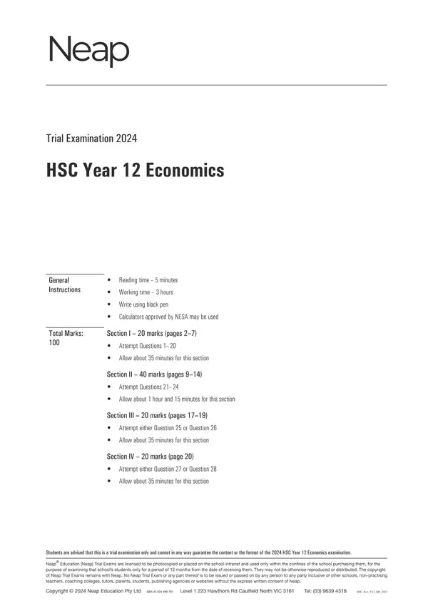 White trial exam paper by Neap, titled "HSC Year 12 Economics 2024", displaying instructions and exam sections.