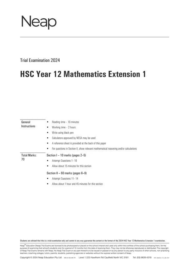 Neap Practice Exam Pack: HSC Year 12 Mathematics Extension 1 2026 Edition (3 Exams)