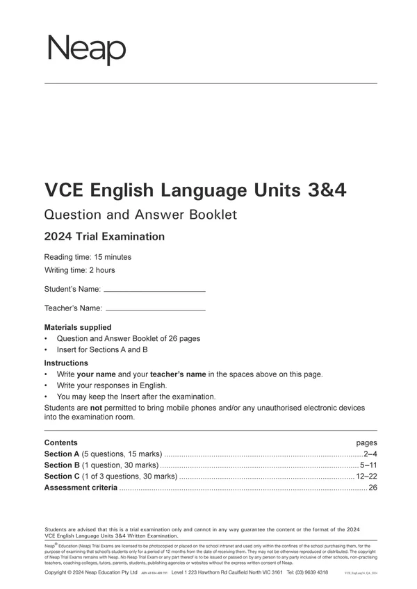VCE English Language Units 3&4 trial exam booklet by Neap, white cover displaying the 2024 examination title and contents.