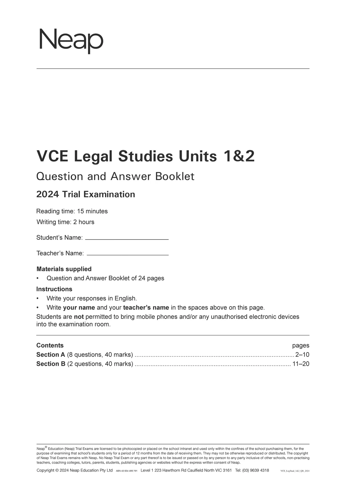 VCE Legal Studies Units 1&2 2024 Trial Examination booklet by Neap, with a minimalist white cover and black text.