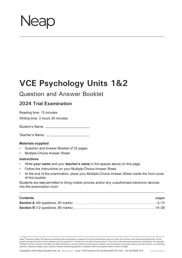 White VCE Psychology Units 1&2 exam booklet by Neap, with '2024 Trial Examination' text on its front cover.