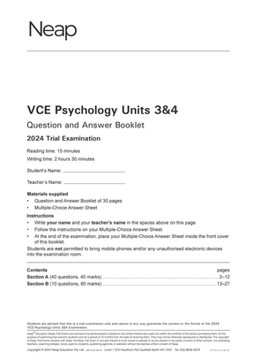 VCE Psychology practice exam booklet by Neap, featuring a white cover with 'Question and Answer Booklet' and '2024 Trial Examination'.