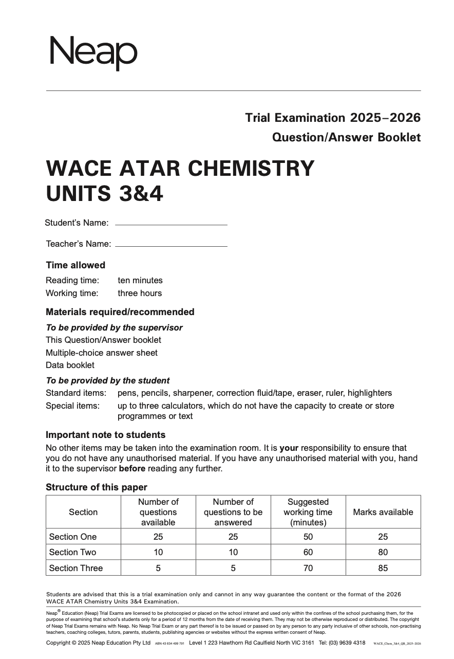 Trial exam paper for WACE ATAR Chemistry Units 3&4 by Neap, a white question/answer booklet displaying instructions and paper structure.