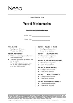 White Year 9 Mathematics trial exam paper by Neap, front cover displaying 'Final Examination 2024', student details, time, instructions, and section breakdown.