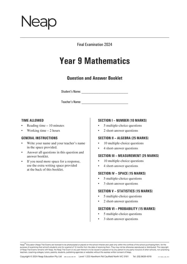 White Year 9 Mathematics trial exam paper by Neap, front cover displaying 'Final Examination 2024', student details, time, instructions, and section breakdown.
